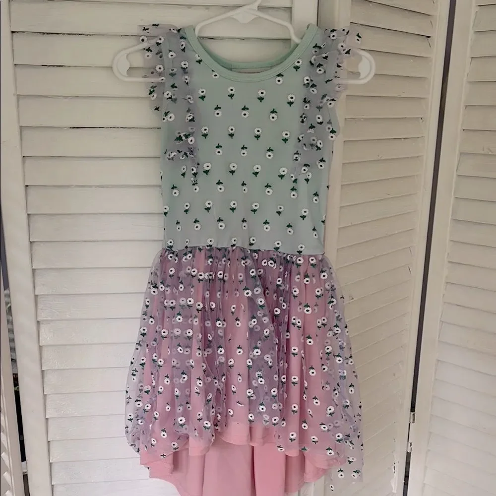 Floral Ruffle Kids Dress - Mint Green and Pink